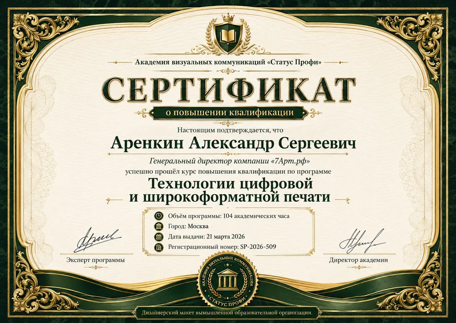 Сертификат по цифровой и широкоформатной печати 7Арт